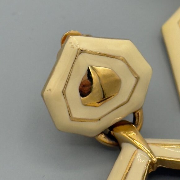 Vintage St. John Knits Tan Enameled Gold Tone Drop Clip On Earrings Geometric - Picture 12 of 14